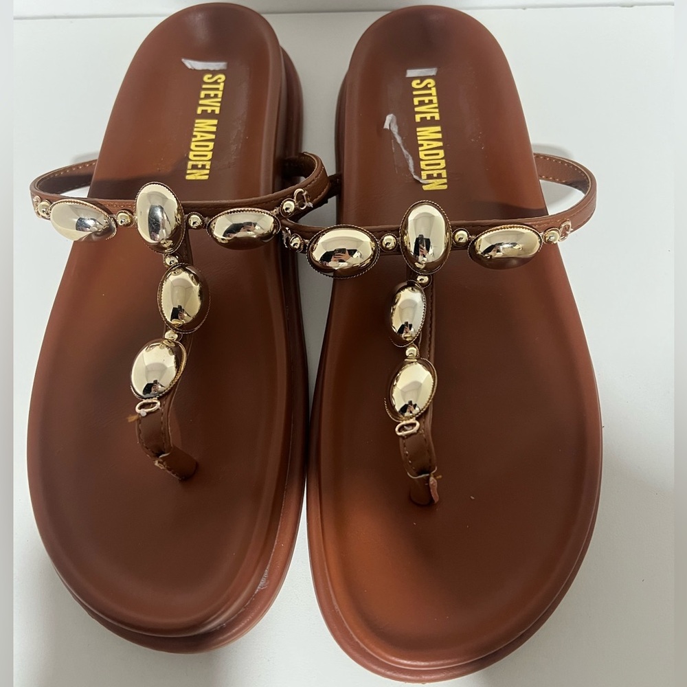 Steve Madden Brown Sandal with Gold Embellished T-Strap